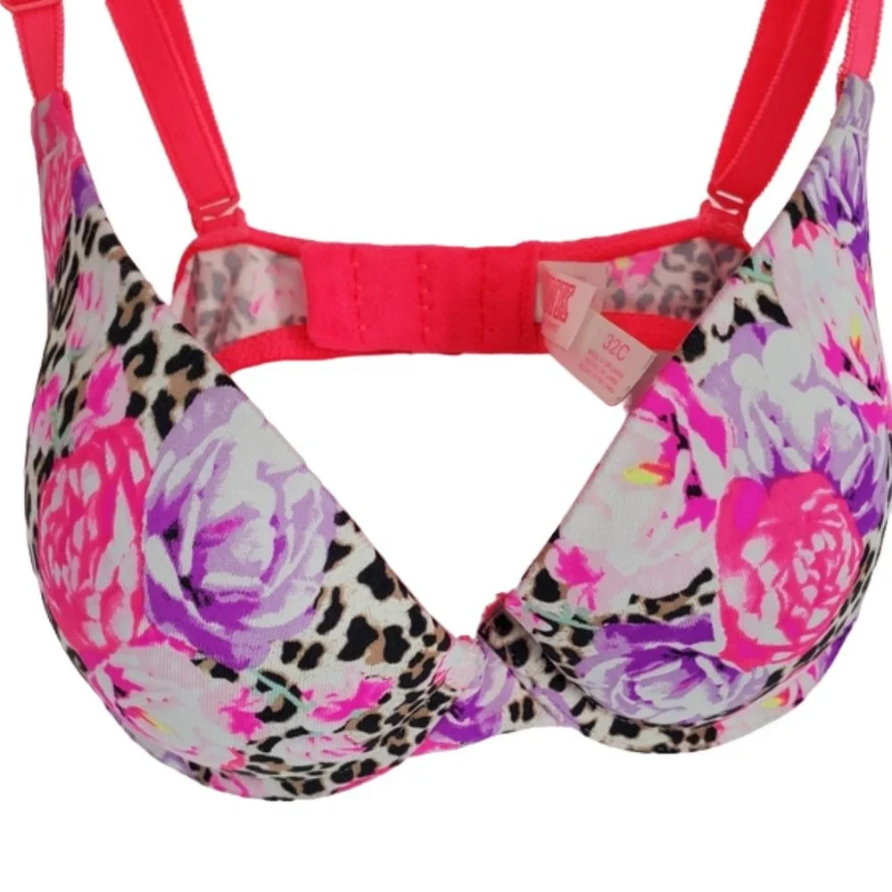 PINK Victoria's Secret Bra Wear Everywhere Push-up Pigeonnant Plunge Floral 32C - Picture 4 of 14